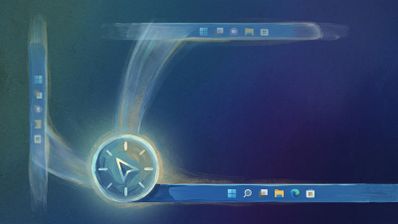 Ilustración artística que muestra la barra de tareas de Windows 11 en diferentes posiciones de la pantalla mediante trazos de pintura azules.