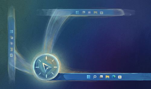 Ilustración artística que muestra la barra de tareas de Windows 11 en diferentes posiciones de la pantalla mediante trazos de pintura azules.