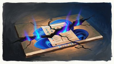Ilustración conceptual de la interfaz de Windows 11 sobre una losa de piedra agrietada y rota con luces de colores neón emergiendo de las fisuras.