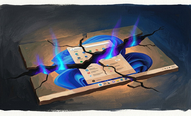Ilustración conceptual de la interfaz de Windows 11 sobre una losa de piedra agrietada y rota con luces de colores neón emergiendo de las fisuras.