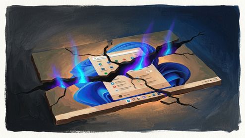 Ilustración conceptual de la interfaz de Windows 11 sobre una losa de piedra agrietada y rota con luces de colores neón emergiendo de las fisuras.
