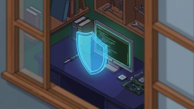 Ilustración isométrica de un escritorio de trabajo con un monitor que muestra código y un escudo holográfico azul brillante al frente.
