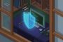 Ilustración isométrica de un escritorio de trabajo con un monitor que muestra código y un escudo holográfico azul brillante al frente.