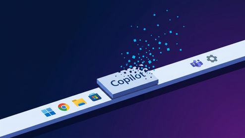 Ilustración de la barra de tareas de Windows con el botón de Copilot deshaciéndose en píxeles azules sobre un fondo oscuro.