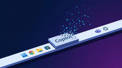 Ilustración de la barra de tareas de Windows con el botón de Copilot deshaciéndose en píxeles azules sobre un fondo oscuro.