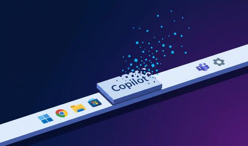 Ilustración de la barra de tareas de Windows con el botón de Copilot deshaciéndose en píxeles azules sobre un fondo oscuro.