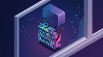 Ilustración isométrica de una interfaz de reproductor multimedia retro desintegrándose en píxeles dentro de un marco de ventana digital.
