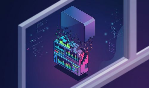 Ilustración isométrica de una interfaz de reproductor multimedia retro desintegrándose en píxeles dentro de un marco de ventana digital.