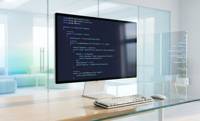 Monitor de ordenador en una oficina luminosa mostrando líneas de código fuente en C# sobre un fondo oscuro.
