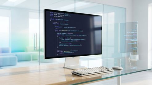 Monitor de ordenador en una oficina luminosa mostrando líneas de código fuente en C# sobre un fondo oscuro.