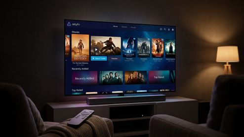 Interfaz de Moonfin en un televisor de salón con opciones de reproducción de tráileres y previsualizaciones para una biblioteca de Jellyfin.