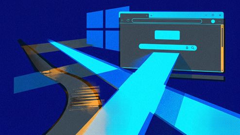 Ilustración conceptual con el logotipo de Windows al fondo y una ventana de navegador web en primer plano con flechas azules que convergen hacia ella.