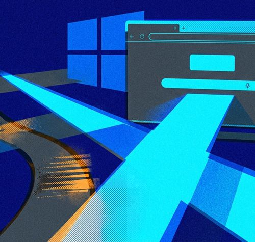 Ilustración conceptual con el logotipo de Windows al fondo y una ventana de navegador web en primer plano con flechas azules que convergen hacia ella.