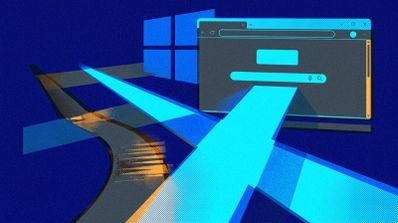 Ilustración conceptual con el logotipo de Windows al fondo y una ventana de navegador web en primer plano con flechas azules que convergen hacia ella.