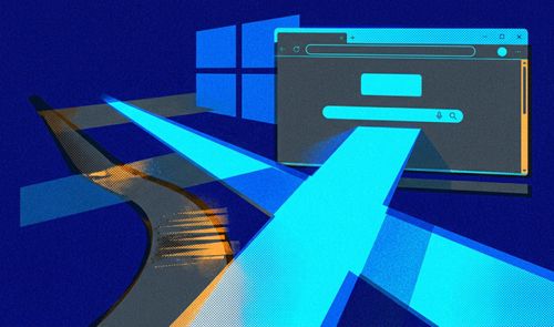 Ilustración conceptual con el logotipo de Windows al fondo y una ventana de navegador web en primer plano con flechas azules que convergen hacia ella.