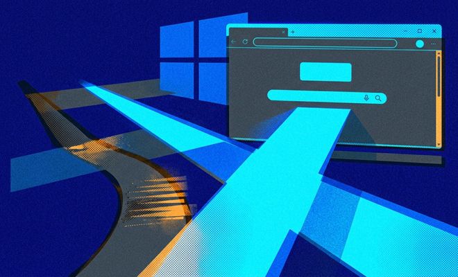 Ilustración conceptual con el logotipo de Windows al fondo y una ventana de navegador web en primer plano con flechas azules que convergen hacia ella.