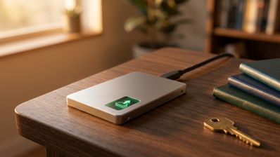 Dispositivo externo de almacenamiento sobre una mesa de madera con un icono luminoso de archivos y una flecha hacia arriba.