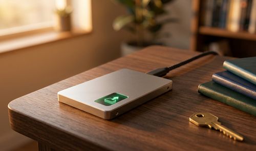 Dispositivo externo de almacenamiento sobre una mesa de madera con un icono luminoso de archivos y una flecha hacia arriba.