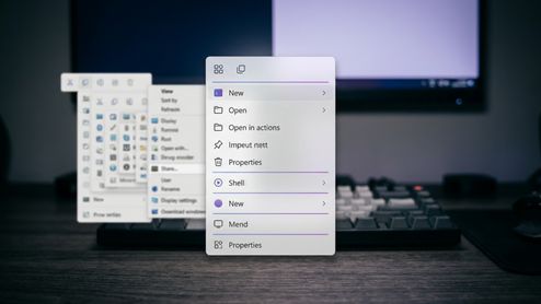 Interfaz de menú contextual personalizado con Nilesoft Shell sobre un fondo de escritorio desenfocado.