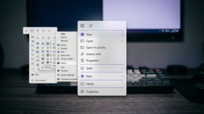 Interfaz de menú contextual personalizado con Nilesoft Shell sobre un fondo de escritorio desenfocado.