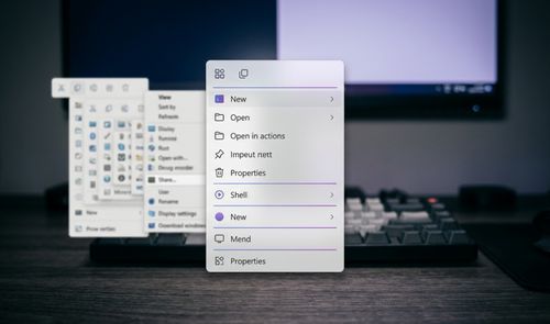 Interfaz de menú contextual personalizado con Nilesoft Shell sobre un fondo de escritorio desenfocado.