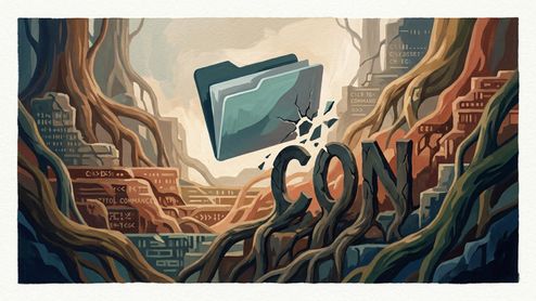 Ilustración de una carpeta de archivos rompiéndose al chocar con el texto CON integrado en un entorno de raíces y ruinas con comandos de MS-DOS.