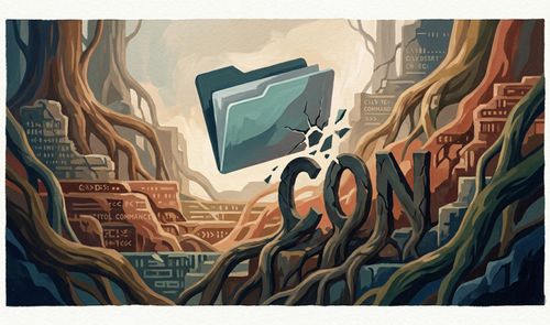Ilustración de una carpeta de archivos rompiéndose al chocar con el texto CON integrado en un entorno de raíces y ruinas con comandos de MS-DOS.
