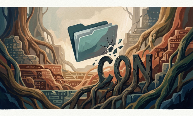 Ilustración de una carpeta de archivos rompiéndose al chocar con el texto CON integrado en un entorno de raíces y ruinas con comandos de MS-DOS.
