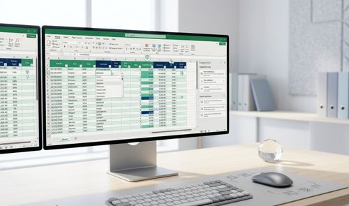 Interfaz de Microsoft Excel con el panel de sugerencias de Copilot abierto en un monitor sobre un escritorio de oficina.
