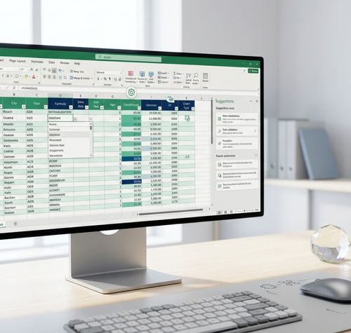 Interfaz de Microsoft Excel con el panel de sugerencias de Copilot abierto en un monitor sobre un escritorio de oficina.