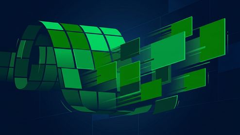 Composición abstracta de paneles y cuadrados verdes en movimiento sobre un fondo azul oscuro.