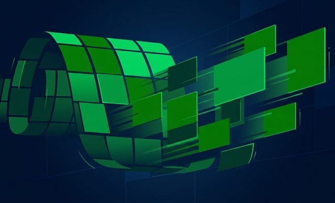Composición abstracta de paneles y cuadrados verdes en movimiento sobre un fondo azul oscuro.