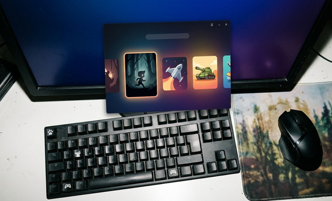 Interfaz de la nueva aplicación de Epic Games superpuesta sobre un escritorio con teclado mecánico y ratón inalámbrico.