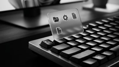 Primer plano de un teclado mecánico con una tecla de búsqueda iluminada y una interfaz translúcida que muestra iconos de archivos y configuración.