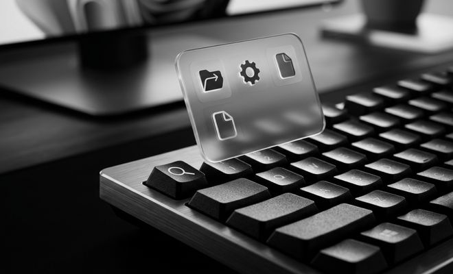 Primer plano de un teclado mecánico con una tecla de búsqueda iluminada y una interfaz translúcida que muestra iconos de archivos y configuración.