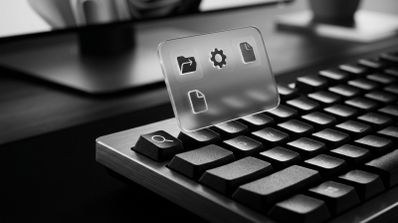 Primer plano de un teclado mecánico con una tecla de búsqueda iluminada y una interfaz translúcida que muestra iconos de archivos y configuración.