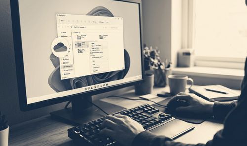 Persona utilizando un ordenador de sobremesa con la interfaz de Windows 11 y el icono de OneDrive resaltado sobre el explorador de archivos.