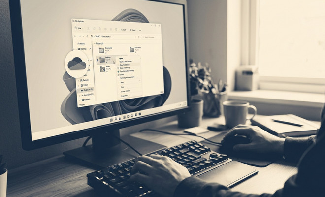 Persona utilizando un ordenador de sobremesa con la interfaz de Windows 11 y el icono de OneDrive resaltado sobre el explorador de archivos.