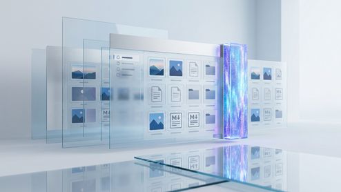 Representación conceptual de la interfaz de OneDrive con capas de cristal translúcido que muestran iconos de archivos, fotos y documentos Markdown.