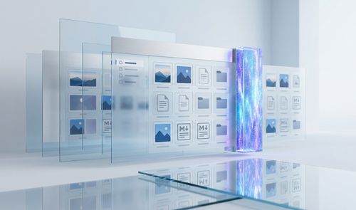 Representación conceptual de la interfaz de OneDrive con capas de cristal translúcido que muestran iconos de archivos, fotos y documentos Markdown.
