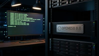 Monitor de ordenador con líneas de código y servidor en rack con placa metálica grabada con el logotipo de Puffy y el texto OpenBSD 8.0.