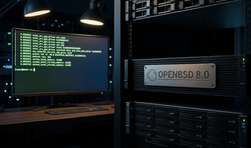 Monitor de ordenador con líneas de código y servidor en rack con placa metálica grabada con el logotipo de Puffy y el texto OpenBSD 8.0.