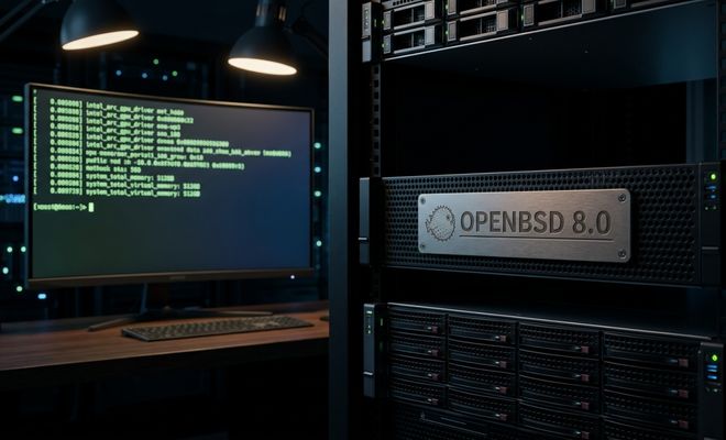 Monitor de ordenador con líneas de código y servidor en rack con placa metálica grabada con el logotipo de Puffy y el texto OpenBSD 8.0.
