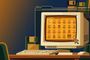 Ilustración de un ordenador antiguo con monitor CRT y teclado, mostrando una cuadrícula de iconos de videojuegos clásicos en tonos ámbar sobre el escritorio.
