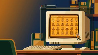 Ilustración de un ordenador antiguo con monitor CRT y teclado, mostrando una cuadrícula de iconos de videojuegos clásicos en tonos ámbar sobre el escritorio.