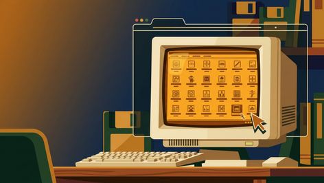 Ilustración de un ordenador antiguo con monitor CRT y teclado, mostrando una cuadrícula de iconos de videojuegos clásicos en tonos ámbar sobre el escritorio.