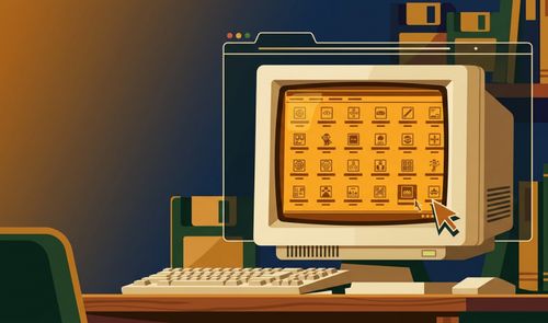 Ilustración de un ordenador antiguo con monitor CRT y teclado, mostrando una cuadrícula de iconos de videojuegos clásicos en tonos ámbar sobre el escritorio.