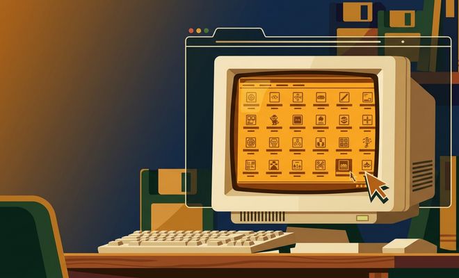 Ilustración de un ordenador antiguo con monitor CRT y teclado, mostrando una cuadrícula de iconos de videojuegos clásicos en tonos ámbar sobre el escritorio.