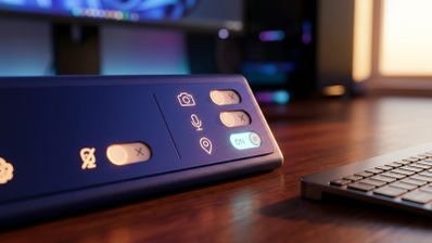Dispositivo con interruptores táctiles para controlar el acceso a la cámara, el micrófono y la ubicación sobre un escritorio de madera.