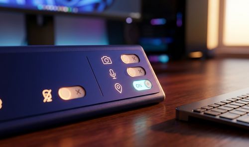Dispositivo con interruptores táctiles para controlar el acceso a la cámara, el micrófono y la ubicación sobre un escritorio de madera.